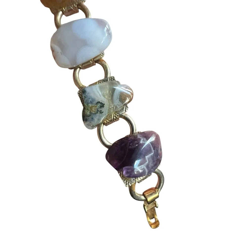 Vintage Semi Precious Natural Polished Tumbled Stones Link Bracelet